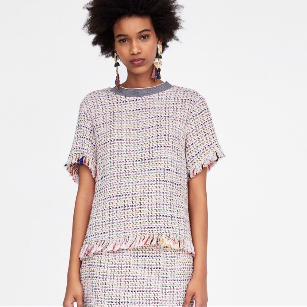 ZARA | Women Frayed Top Woven Blouse Tweed Boucle